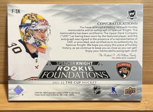 2021 UPPER DECK THE CUP SPENCER KNIGHT FOUNDATIONS QUAD JERSEY ROOKIE AUTO 1/15 - Picture 2 of 2