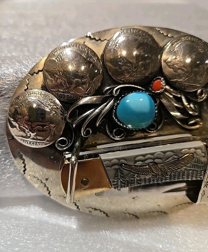 Native American Turquoise & Coral Buffalo Nickel Knife Holder LARGE Belt Buckle - Picture 2 of 17