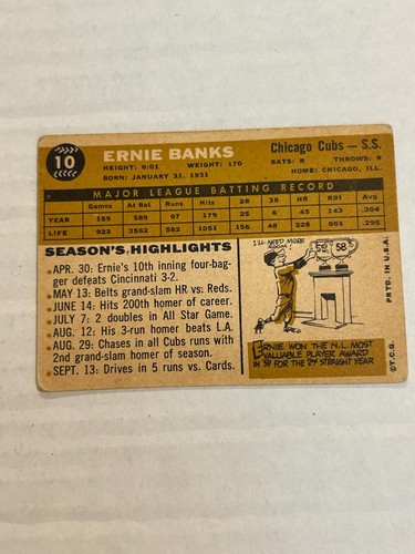 Ernie Banks 1960 Topps #10 Cubs en muy buena condición G3 - Imagen 2 de 2