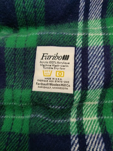 Faribo Blanket 100% Acrylic Green Navy WHITE PLAID FRINGED 55 x 53 USA made - Picture 2 of 4