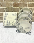 Pottery Barn Rustic Forest Winter APPETIZER Plates CABIN DEER TREES 4 Pc Set NEW