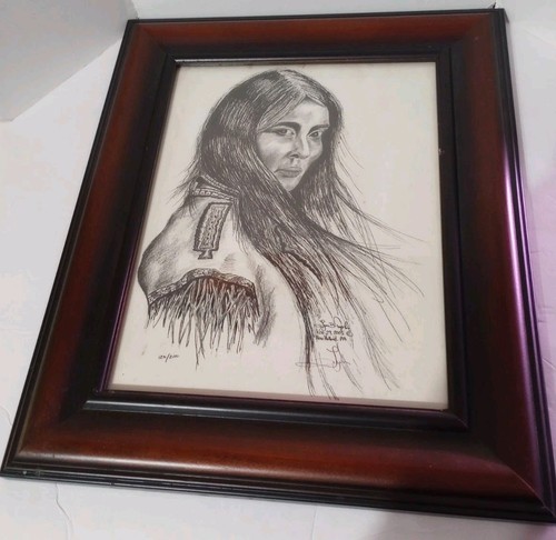Native American Woman Drawing Signed By Artist In Wooden Frame - Picture 3 of 8