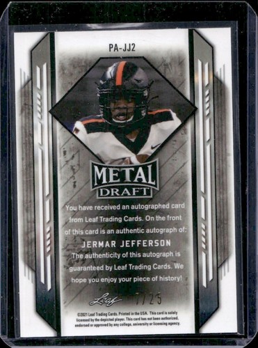 Jermar Jefferson 2021 Leaf Metal Draft Portraits Prismatic Purple Auto /25 Rc - Picture 2 of 2