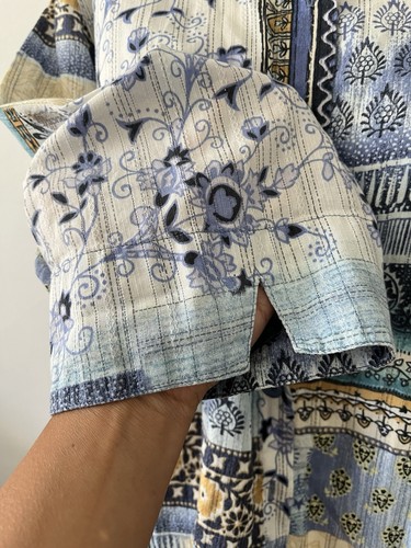 LEMON GRASS Top 1x Blue Butter Yellow Floral 100% Cotton Button Travel Blouse - Picture 4 of 6