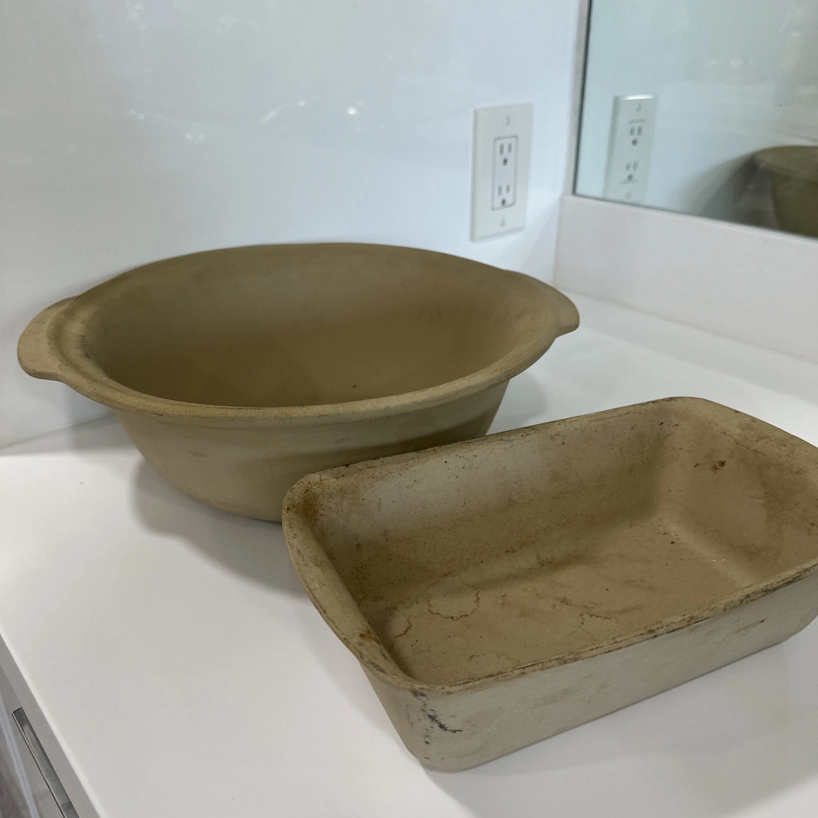 Pampered Chef Stoneware Bread Loaf Pan And Baking Bowl Set