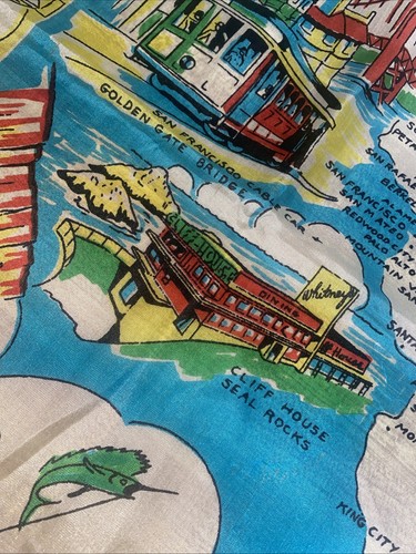 Vintage 50s Pure Silk Scarf California State Map Landmarks Green 33.5” X 31” - Picture 13 of 15
