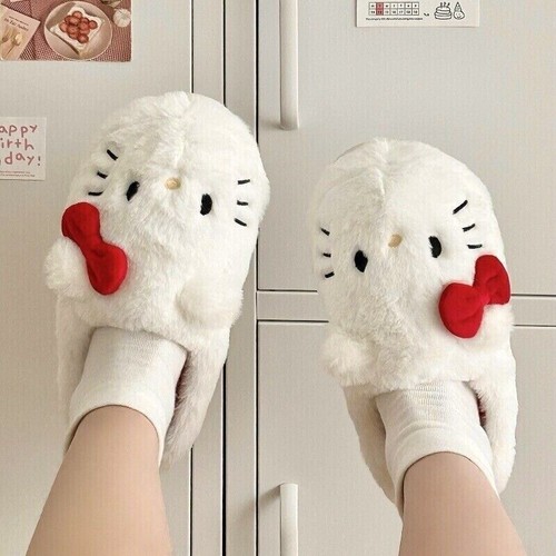 Hello Kitty Women Plush Slippers Girls Winter Warm Home Shoes Size 9