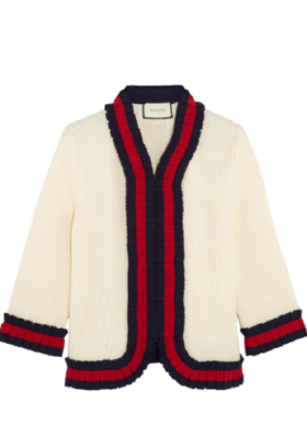 GUCCI Cream Blue Red Ribbon Ruffle Trim Ribbed Wool Hook Front