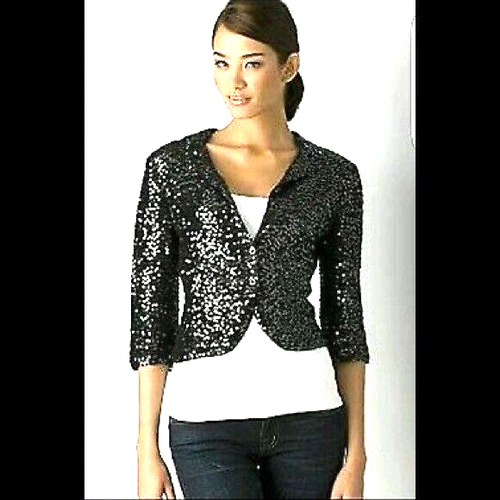 IISLI Tiffany Fuller Jacket Sequin Gray Metallic Two Button 3/4 Sleeve Knit 8 - Picture 10 of 10