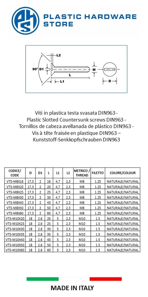 Viti in plastica testa svasata piana DIN963 taglio cacciavite da M2 a M10 - PHS - Immagine 4 di 4