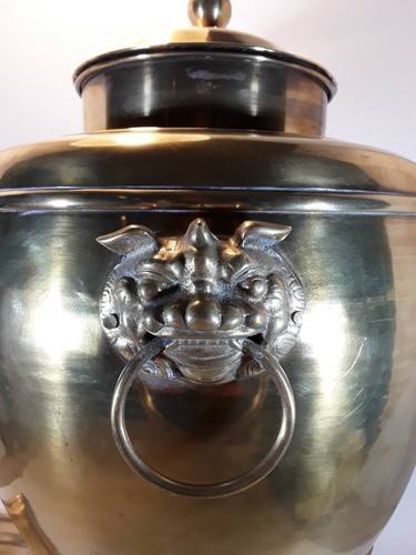 4 Piece Antique Brass Chinese Samovar Hot Water Pot Huge Urn w/ Foo Dog Handles - Picture 5 of 9