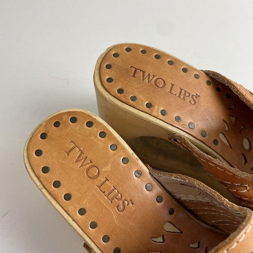 Y2K Vintage Wedge Sandals 7 Tan Leather Chunky Platform Wooden Block Heel Cutout - Picture 11 of 11