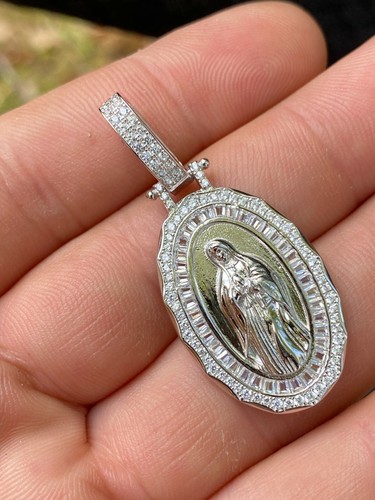 Real 925 Sterling Silver Virgin Mary Necklace Pendant Iced CZ Medallion Men - Picture 6 of 11