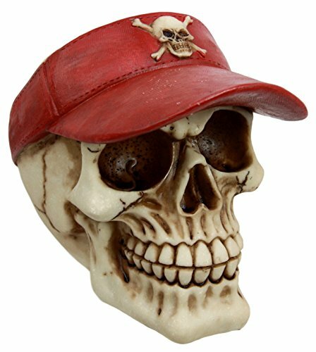 Beach Red Visor Skull Cap Statue 6" Long Punk Skull And Crossbones Figurine - Picture 1 of 4