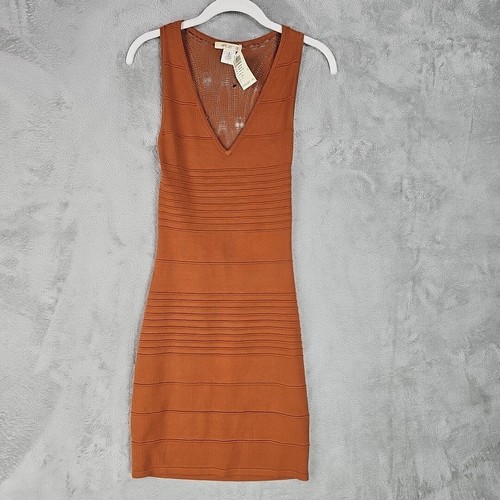 Arden B Bodycon Dress Womens Size S Brown V-Neck Mini Stretch Knit Crochet Back