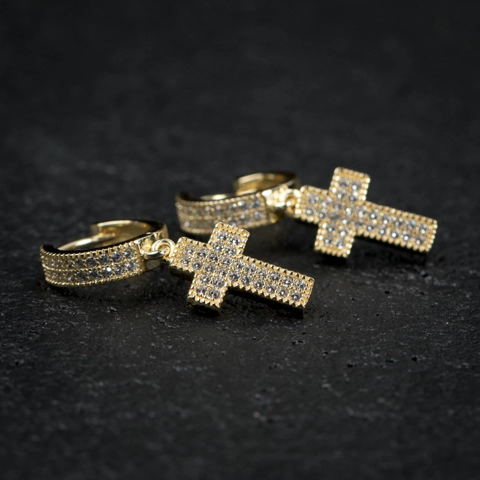 Brincos de argola pendurados masculinos folheados a ouro amarelo 14K com cruz gelada Cz - Imagem 3 de 4