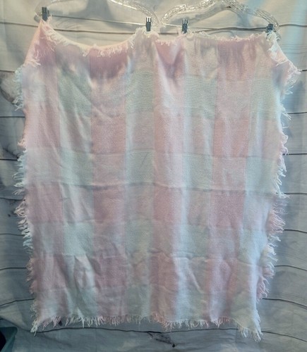 VTG Babyish Ropetex Stripe Plaid Fringe Baby Blanket Acrylic Pink Dolphin Dino - Picture 5 of 12
