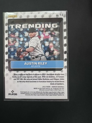 AUSTIN RILEY 2022 DONRUSS TRENDING PINK FIREWORKS HOLO #T-2 ATLANTA BRAVES - Picture 2 of 2