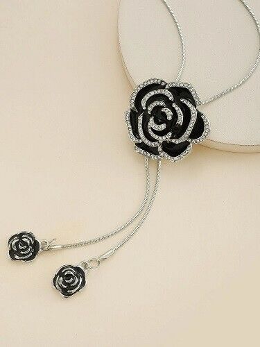 Silver Colored Black Flowers Lariat Necklace - Picture 3 of 3