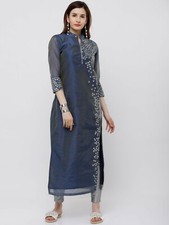 Women's Blue Silver Printed Straight Kurta Indian Pakistani Tunic Dress SALE