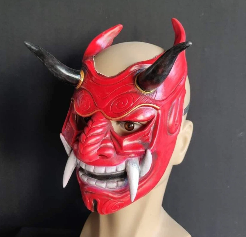 Máscara de látex Prajna roja demonio japonés samurai bola de Halloween accesorios de rendimiento Foto 3 de 3