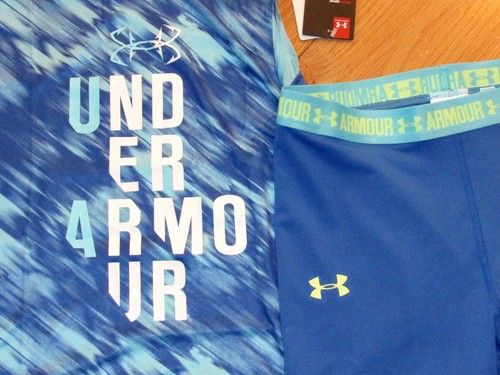 Under Armour patterned logo top & blue cropped capris leggings NWT girls L YLG - Picture 2 of 3