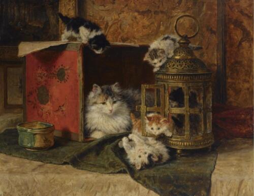 Handmade Old Master-Art Antique Oil Painting Animal cats kittens on canvas - Picture 2 of 2
