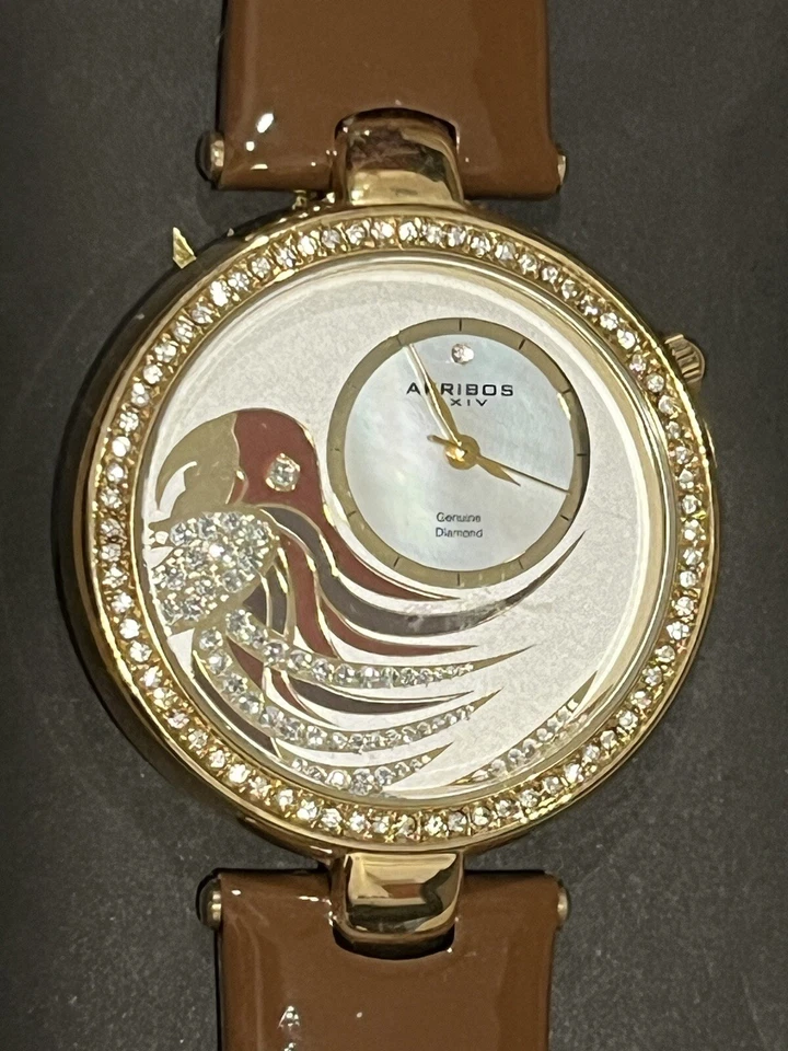 Reloj pulsera para mujer Akribos XXIV esfera loro correa de cuero con detalles de diamantes Foto 3 de 4