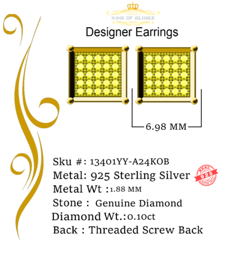 0.10ct Diamond Stud Square Earrings Yellow 925 Sterling Silver For Women & Men - Picture 3 of 9