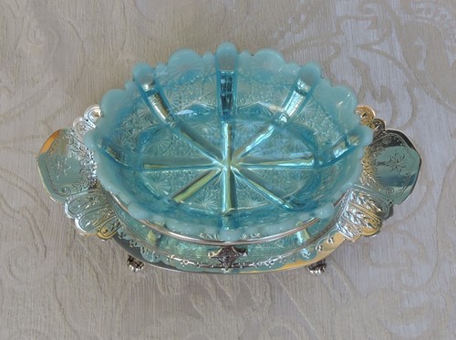 Victorian Butter Jam Dish Silver Plate and Vaseline Blue Pressed Glass c1880 - Picture 2 of 11