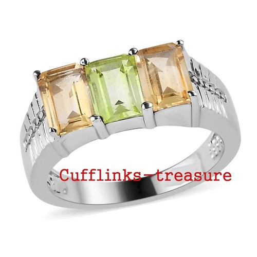 Natural Citrine & Peridot Gemstones with 925 Sterling Silver Ring For Men's #804 - Picture 3 of 4