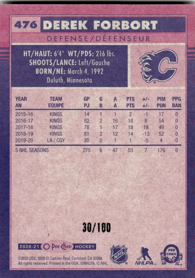 2020-21 O-Pee-Chee Retro Black Derek Forbort 30/100 Calgary Flames #476 - Image 2 of 2