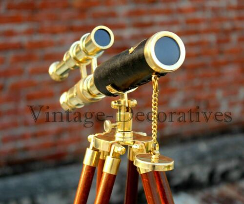 New handmade antique brass mini Double barrel 10'' telescope tripod style wooden - Picture 2 of 4