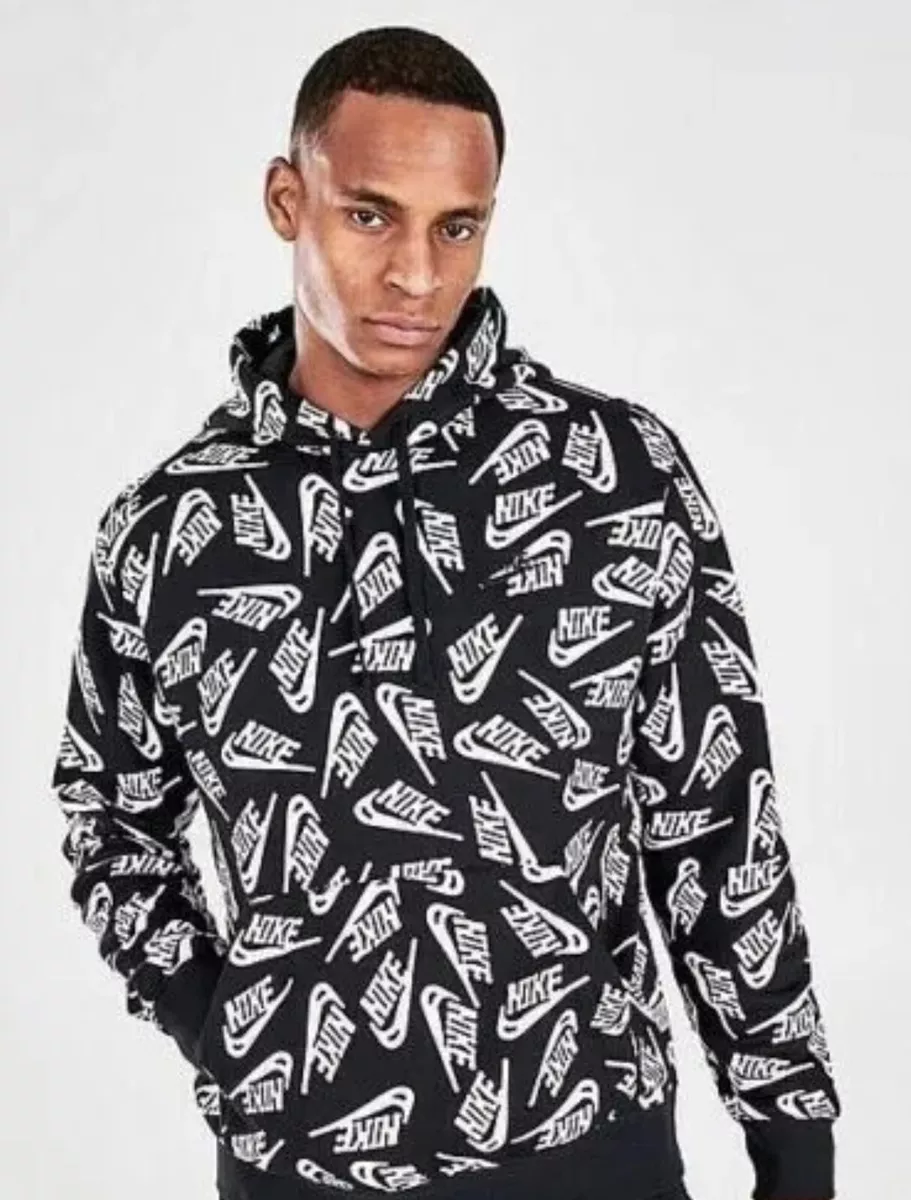 NIKE Black White Logo All Over Print Hoodie Pullover DV8152-010 Medium Men  new | eBay