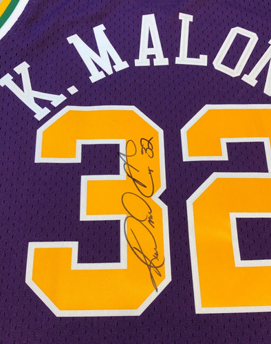 Karl Malone Signed Autograph RARE Utah Jazz NBA HWC Authentic Swingman Jersey - Picture 2 of 7