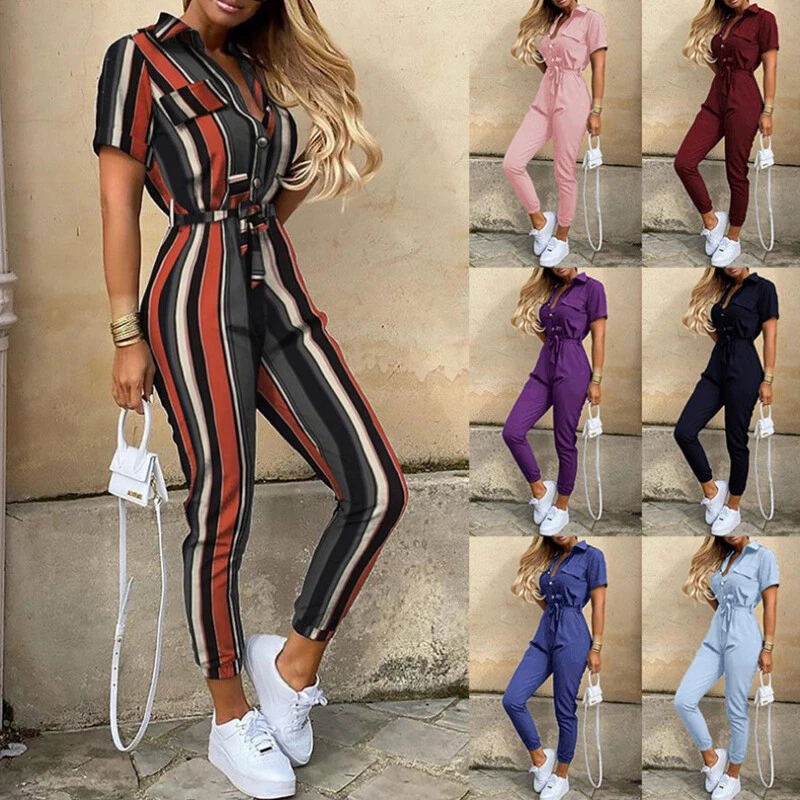 Women Casual Cargo Button Jumpsuits Ladies Short Sleeve Playsuit