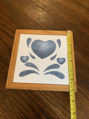 Vtg Corelle Coordinates Blue Sponge Heart Trivet Wall Plaque Wood Frame 7"x7” - Picture 10 of 15