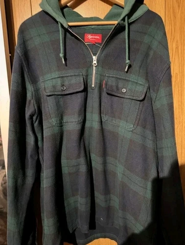 Chemise à capuche demi zip à carreaux FW16 Supreme taille L grand bleu marine