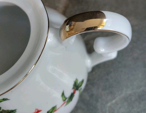 Vintage Lefton China Christmas Holly & Berry teiera #03026 bordo oro dipinto a mano - Foto 11 di 18