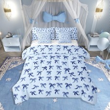 Blue Bow Queen Bedding Set 7 Pieces Teen Girl Coquette Bow Comforter Set with...
