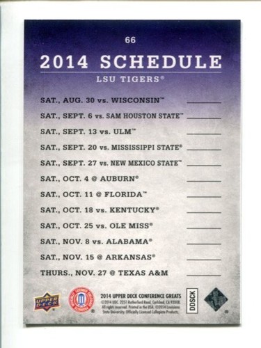 Calendario 2014 Upper Deck Conference Greats #66 - LSU Tigers 🏈 - Imagen 2 de 3