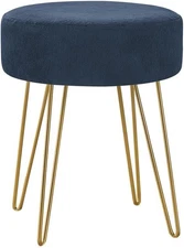 I 9002 Ottoman, Pouf, Footrest, Foot Stool, 14" Round, Fabric, Metal Legs, Blue,