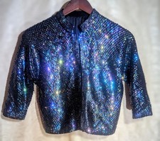 Women's Beaded, Sequined Bolero Jacket, Med. 1960s 34 Sleeve Blue, Green, Black