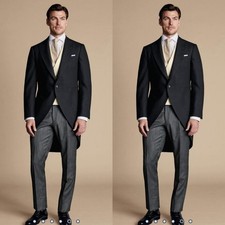 Black Formal Tailcoat for Men Dinner Evening Party Wide Peak Lapel Long Jacket