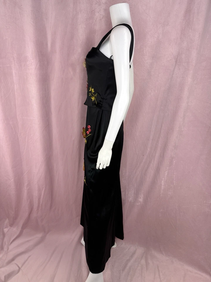 Vintage Y2K ABS Allen Schwartz Womens Black Satin Floral Embroidered Dress 8 90s - Image 3 of 4