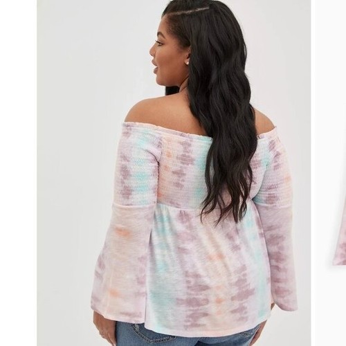 Torrid Babydoll Knit Smocked Off-Shoulder Bell Sleeve Top Size 3X Pastel Rainbow - Picture 3 of 13