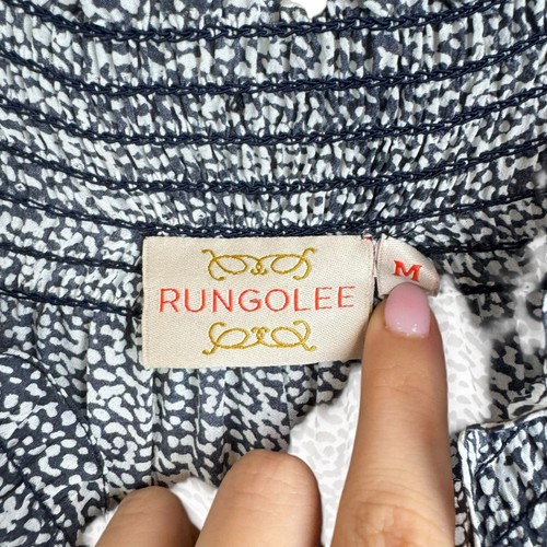 Rungolee M Gray & White Print Center Stripe Smocked Off the Shoulder Mini Dress - Picture 10 of 11