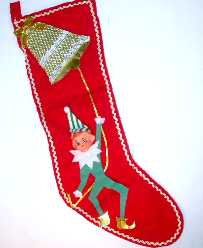 Vtg Felt Christmas Stocking Rubber Face Pixie Elf Red Japan Elves RickRack 1950s