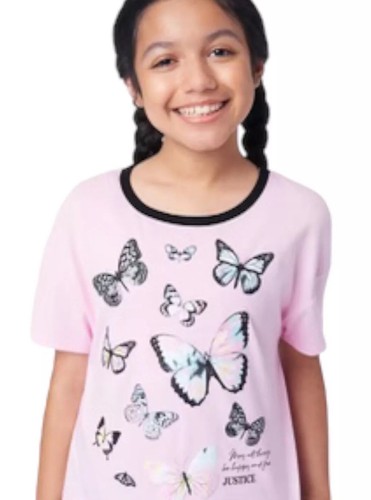 Justice Girls Top Pink Size 10 Pullover Short Sleeve Butterfly Graphics Colorful - Picture 3 of 12