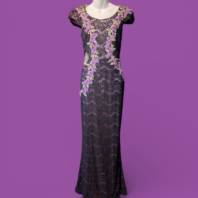 PASTEL COUTURE lilac gold & black lace fairycore prom gown sz 42 M L dress 5Y